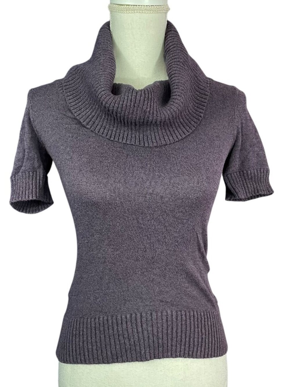 BCBGMaxazria Turtleneck Sweater S Short Sleeve Purple Ribbed Marled Cowl Dusty